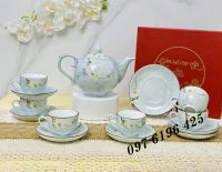 Bộ trà chóp lửa vân đá xanh hoa đào gốm Bát Tràng