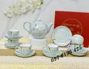 Bộ trà chóp lửa vân đá xanh hoa đào gốm Bát Tràng