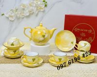 Bộ trà chóp lửa vân đá vàng hoa sen gốm Bát Tràng