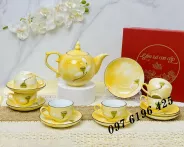 Bộ trà chóp lửa vân đá vàng hoa sen gốm Bát Tràng