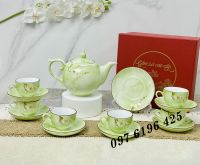 Bộ trà chóp lửa vân đá xanh cốm hoa đào gốm Bát Tràng