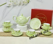 Bộ trà chóp lửa vân đá xanh cốm hoa đào gốm Bát Tràng