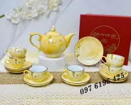 Bộ trà chóp lửa vân đá vàng vẽ hoa đào gốm Bát Tràng