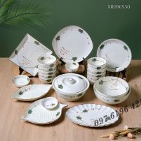 Bộ bát đĩa Bát Tràng men kem vẽ lá xanh