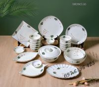 Bộ bát đĩa Bát Tràng men kem vẽ lá xanh