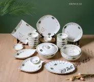 Bộ bát đĩa Bát Tràng men kem vẽ lá xanh