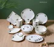 Bộ bát đĩa Bát Tràng men kem vẽ lá xanh