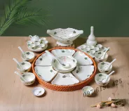 Bộ bát đĩa cúng gia tiên họa tiết lá xanh
