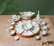 Bộ bát đĩa cúng gia tiên họa tiết lá xanh
