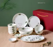 Bộ bát đĩa quà tặng gốm sứ Bát Tràng men kem vẽ lá xanh