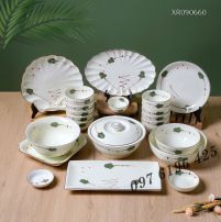 Bộ bát đĩa Bát Tràng men kem vẽ lá xanh 22 chi tiết