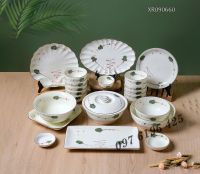 Bộ bát đĩa Bát Tràng men kem vẽ lá xanh 22 chi tiết
