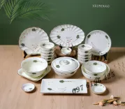 Bộ bát đĩa Bát Tràng men kem vẽ lá xanh 22 chi tiết