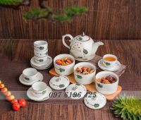 Bộ trà chóp lửa men kem lá xanh gốm Bát Tràng