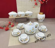 Bộ trà mẫu đơn men kem hoa đào vàng kèm phụ kiện