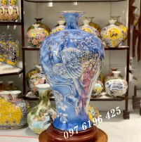 Lọ mai bình vẽ vàng công đào 3D xanh lam