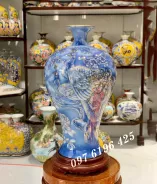 Lọ mai bình vẽ vàng công đào 3D xanh lam