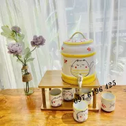 Bình đựng nước có vòi bằng sứ vẽ mèo ngủ (vàng)