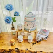 Bình đựng nước có vòi bằng sứ vẽ mèo ngủ (xanh)