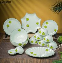 Bộ bát đĩa Bát Tràng men kem vẽ lá xanh (14 chi tiết)