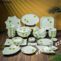 Bộ bát đĩa Bát Tràng men kem vẽ lá xanh (28 chi tiết)
