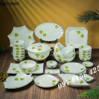 Bộ bát đĩa Bát Tràng men kem vẽ lá xanh (28 chi tiết)