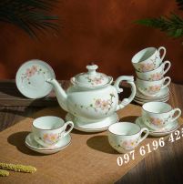Bộ trà phú quý men kem vẽ đào hồng