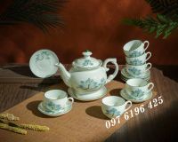 Bộ trà phú quý men kem vẽ sen xanh