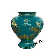 Lọ hoa quà tặng men xanh hoa sen vàng kim