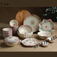Bộ bát đĩa men tiêu cúc cát tường gốm Bát Tràng -04