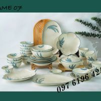 Bộ bát đĩa Bát Tràng họa tiết lá me