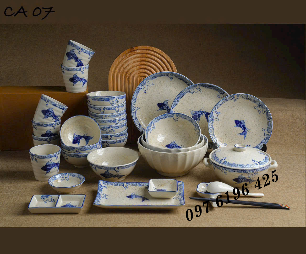 Bộ bát đĩa Bát Tràng men tiêu vẽ cá