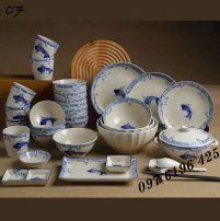 Bộ bát đĩa Bát Tràng men tiêu vẽ cá