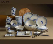 Bộ bát đĩa Bát Tràng men tiêu vẽ cá