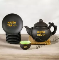 Bộ trà gốm đắp hoa phù dung in logo