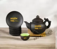 Bộ trà gốm đắp hoa phù dung in logo