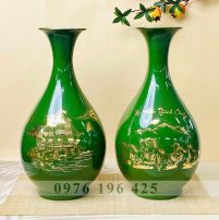 Lọ tỳ bà vẽ vàng men sứ xanh ngọc lục bảo