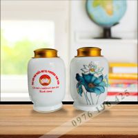 Lọ đựng trà hoa sen in logo mặt trận tổ quốc