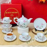 Bộ trà Bát Tràng chóp lửa sứ trắng vẽ đào hồng