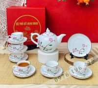 Bộ trà Bát Tràng chóp lửa sứ trắng vẽ đào hồng