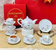 Bộ trà Bát Tràng chóp lửa sứ trắng vẽ đào hồng