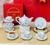 Bộ trà Bát Tràng chóp lửa sứ trắng vẽ đào hồng