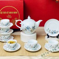 Bộ trà Bát Tràng chóp lửa hoa xanh vàng kim