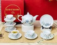 Bộ trà Bát Tràng chóp lửa hoa xanh vàng kim