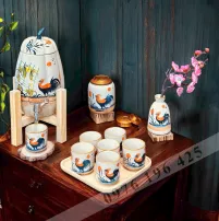 Bộ bình nước men tấm Bát Tràng hình quả bí vẽ kim kê