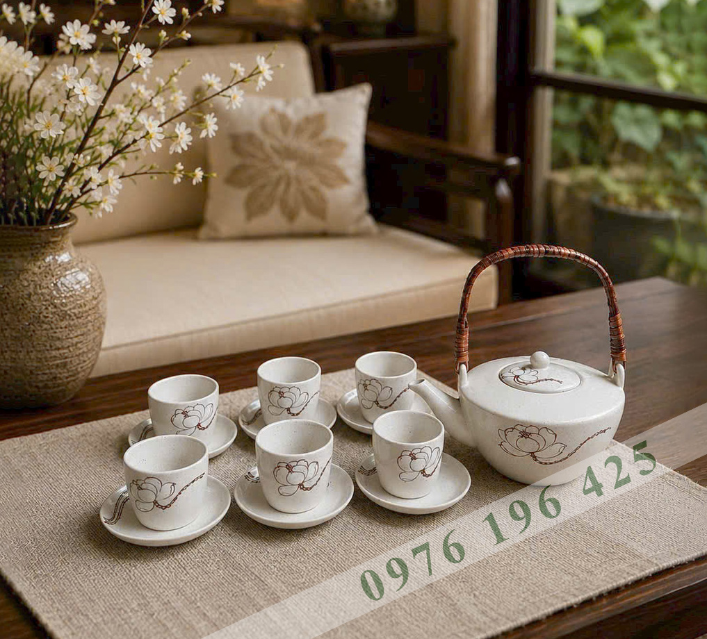 Bộ trà Bát Tràng quai mây men tấm hoa bạch liên