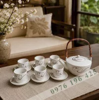 Bộ trà Bát Tràng quai mây men tấm hoa bạch liên