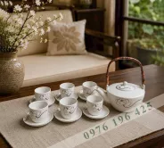 Bộ trà Bát Tràng quai mây men tấm hoa bạch liên