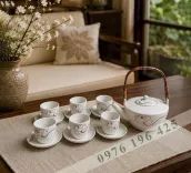 Bộ trà Bát Tràng quai mây men tấm hoa bạch liên