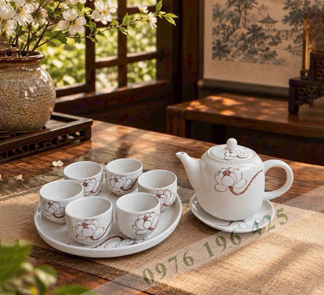Bộ trà Bát Tràng quai sứ men tấm vẽ sen trắng